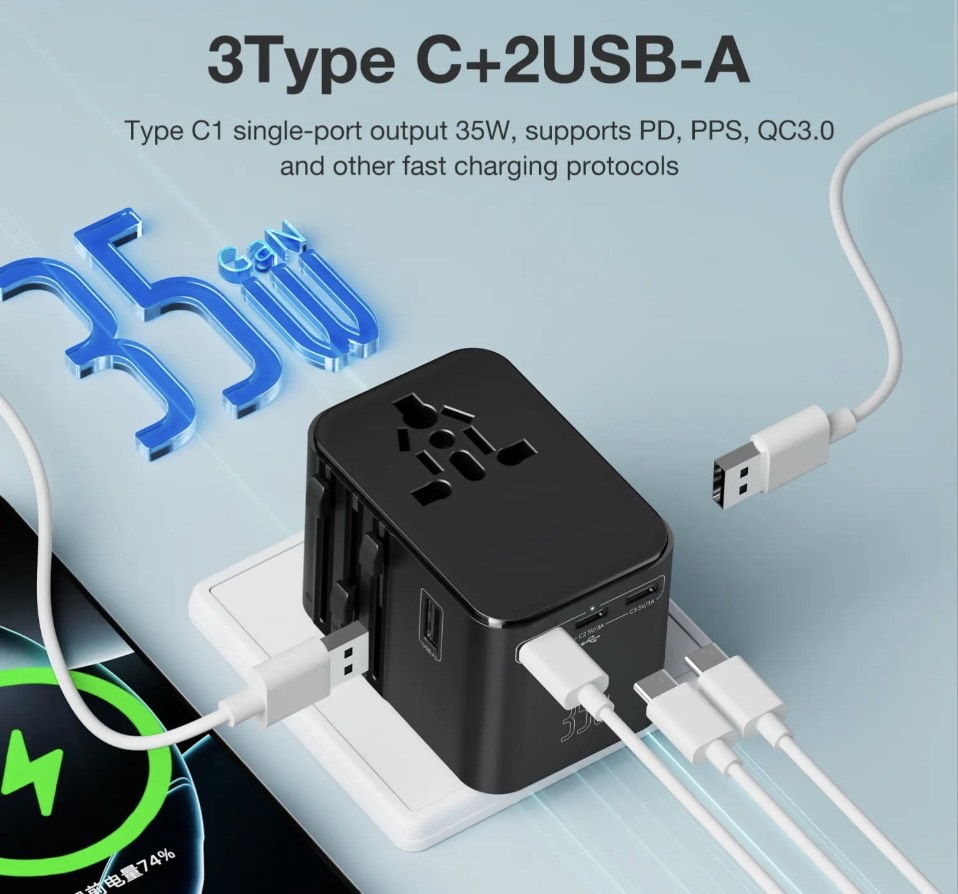 Worldwide 3 Type-C 2 USB PD 35W Power Travel Adaptor